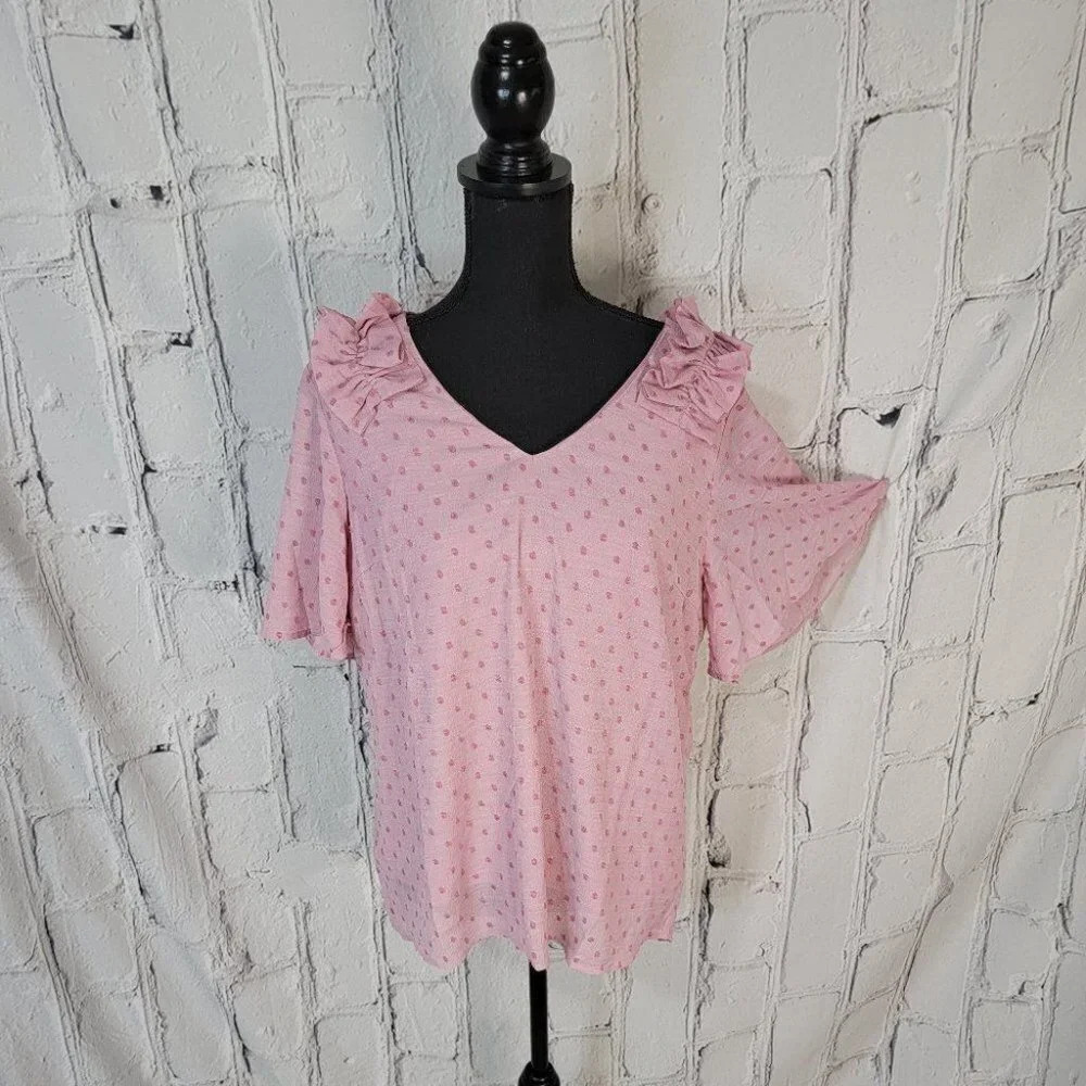 BLUSH Bell Sleeve Pink Swiss Dot Dressy Blouse with Ruffle Detail Womens L NWT